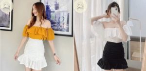 Chân váy đuôi cá mặc với áo trễ vai