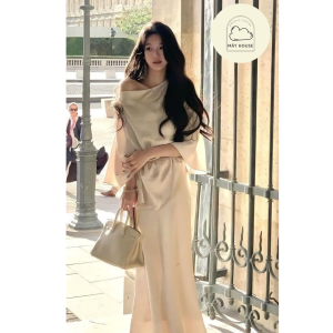 Đầm lệch vai- Đầm dạ hội trắng đơn giản