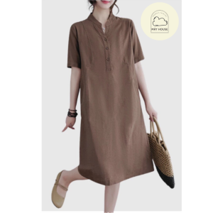 Váy vải đũi cổ tàu - Mẫu váy liền vải đũi